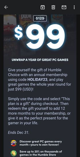 Humble Bundle Choice annual membership $89.00 for the first year (normally  $129.00)