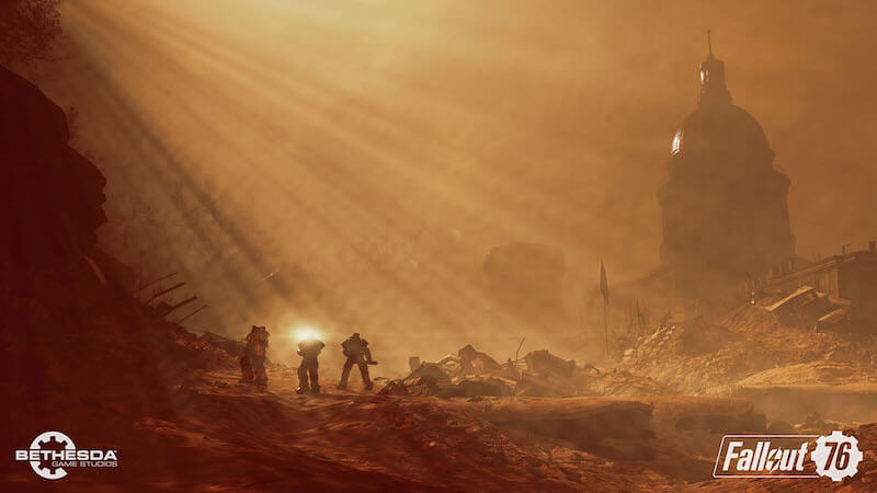 Fallout 76 3 people in power armour explore recently nuked area