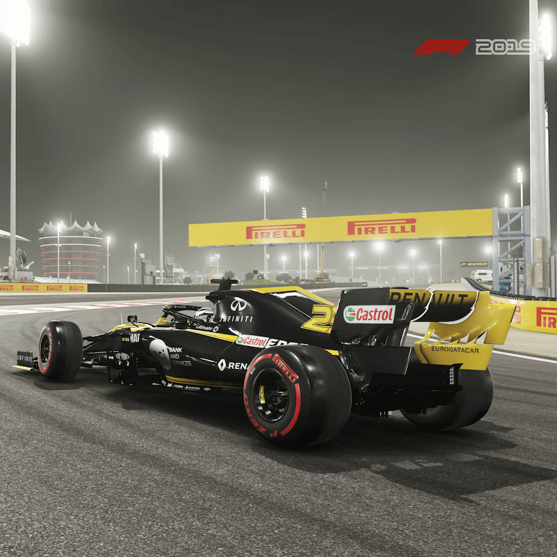Renault F1 2019 game car at Bahrain GP at night