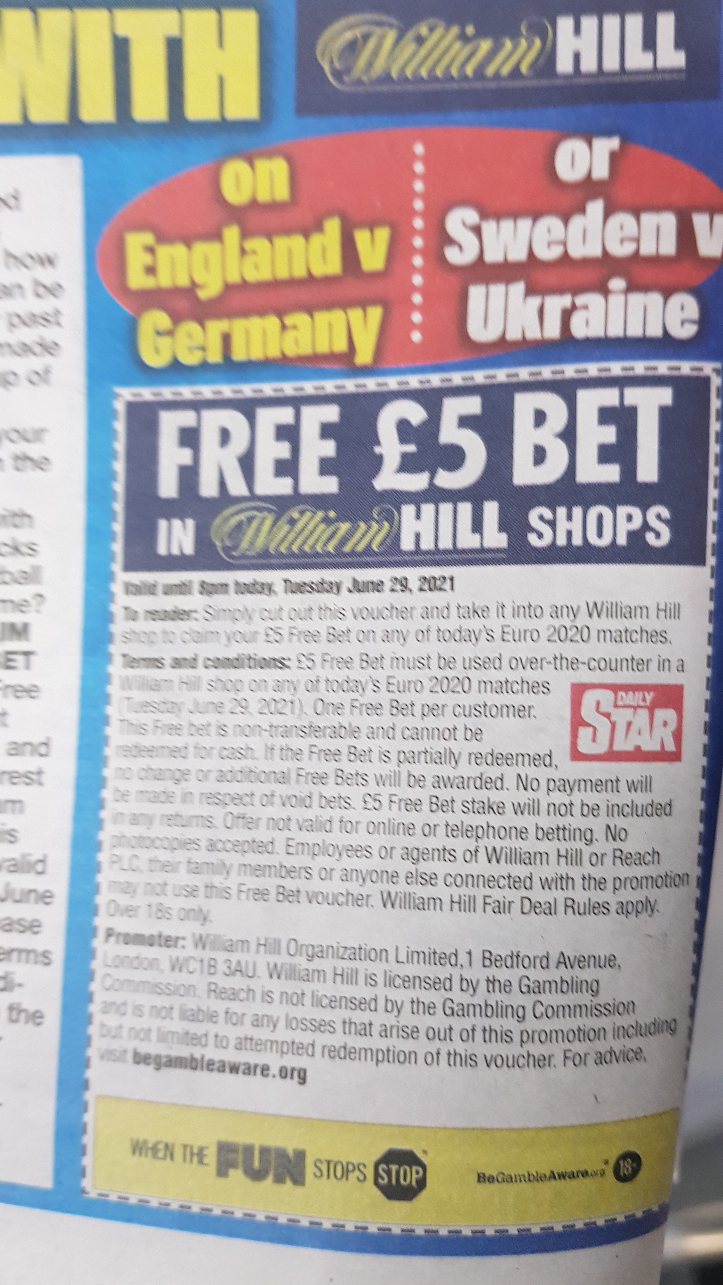  5 William Hill In Shop Bet Voucher On England Vs Germany Inside Today 