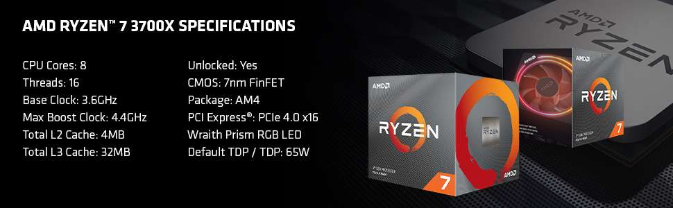 AMD Ryzen 7 3700X Processor (36MB, 8 Cores, 4.4GHz Speed, 65W) - £194.