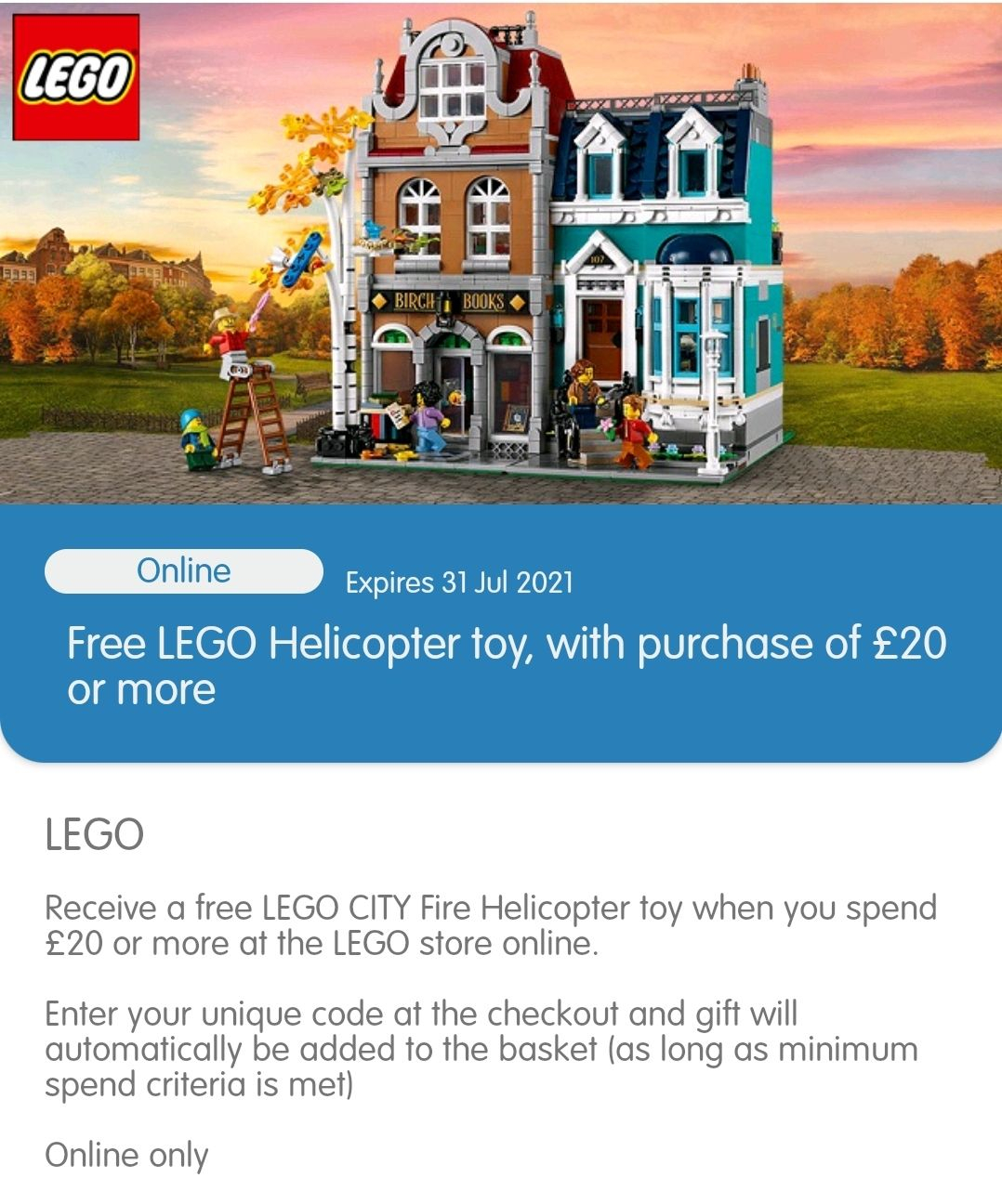 Free Lego City Helicopter with £20 spend with Blue Light ...