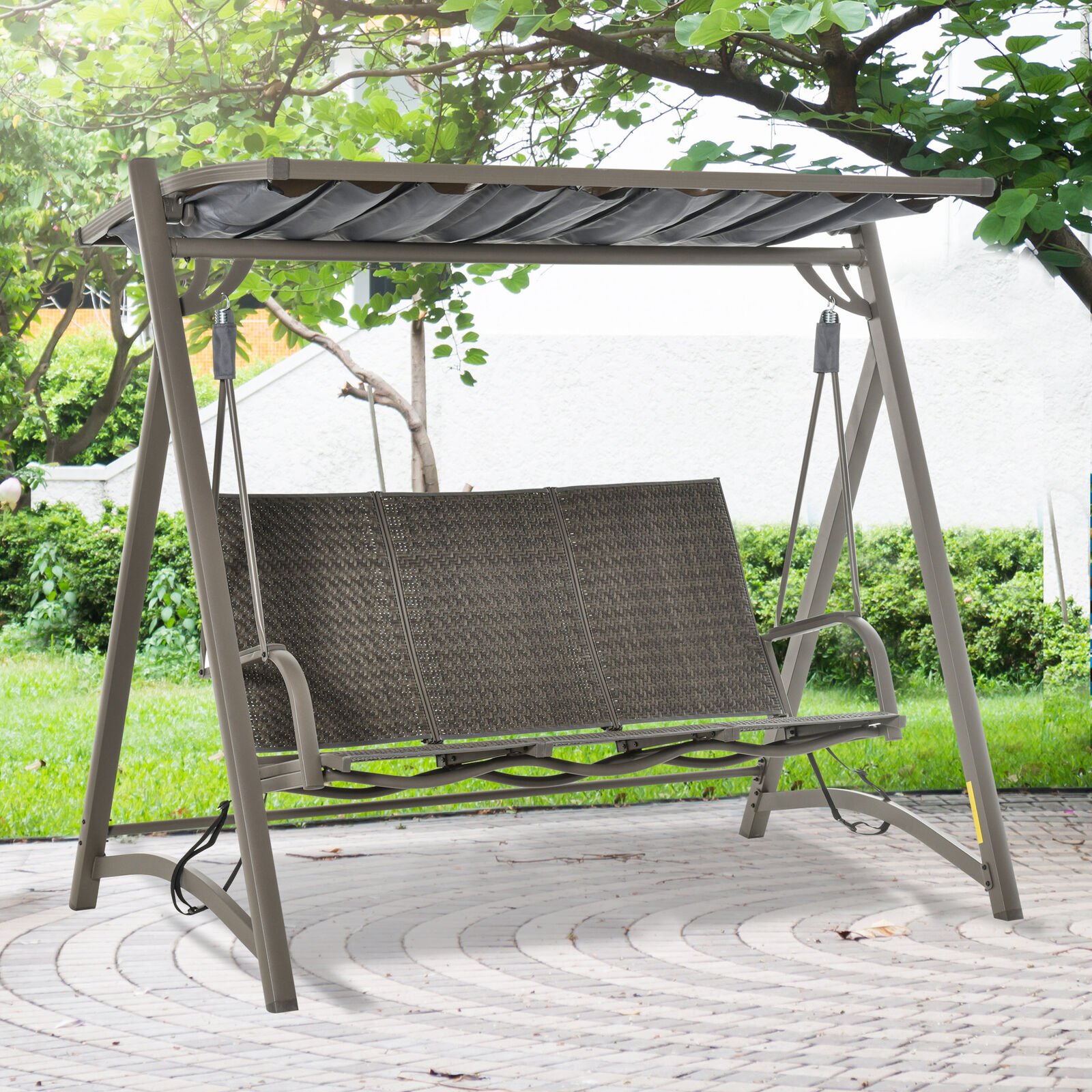 Outsunny 3 Seater Rattan Swing Chair Garden Swing Bench w/ Adjustable