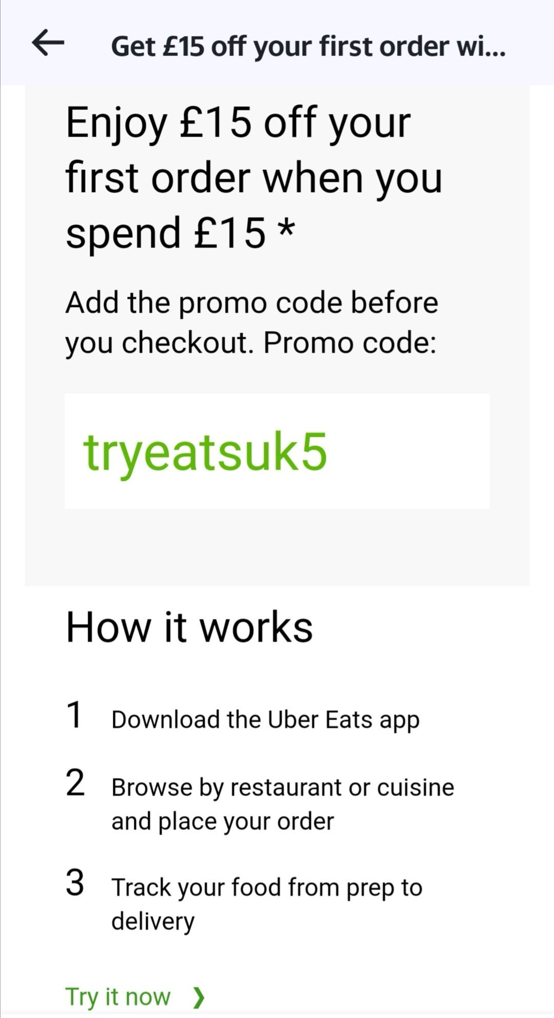 Uber Eats £15 off your first order when you spend minimum ...