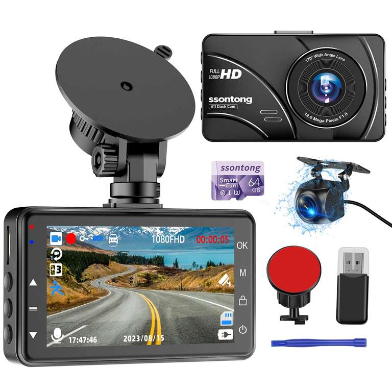 Dash Cam Front and Rear, Dash Cam Dual 1080P FHD Dashcam W/ 64GB Card Dash Cam 170°Wide Angle - W/ Voucher Sold by ssontong dash cam / FBA