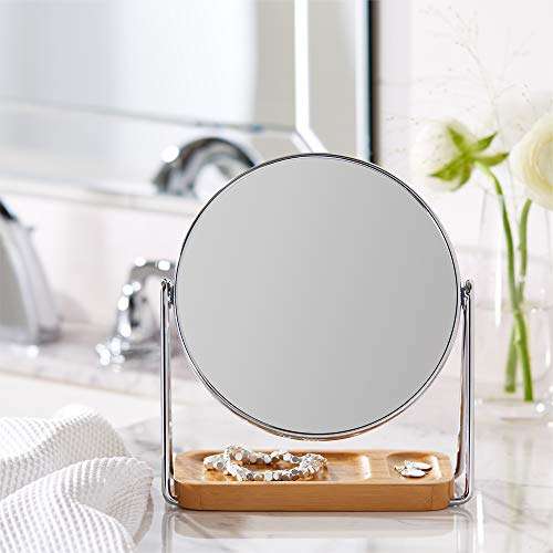 Amazon Basics Round Dressing Tabletop Mount Mirror with Squared Bamboo Tray --1X/5X Magnification, White, 19.5 cm x 8.5 cm (L x W)