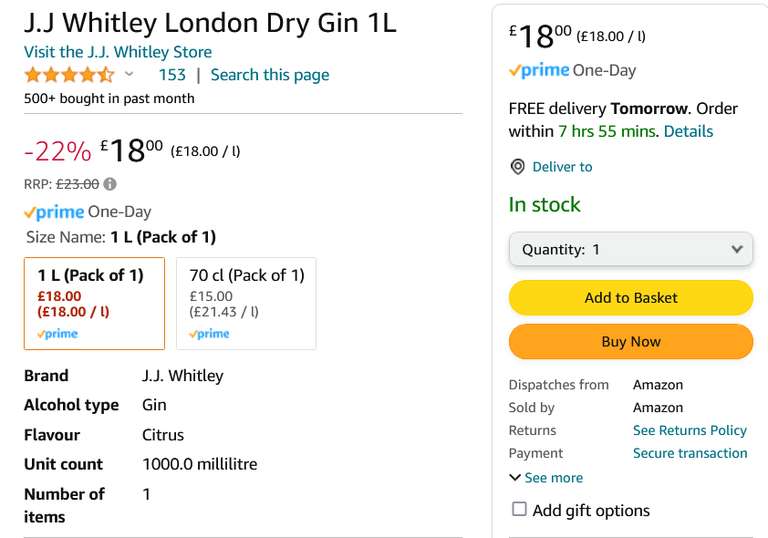 J.J Whitley London Dry Gin, 37.5% - 1L