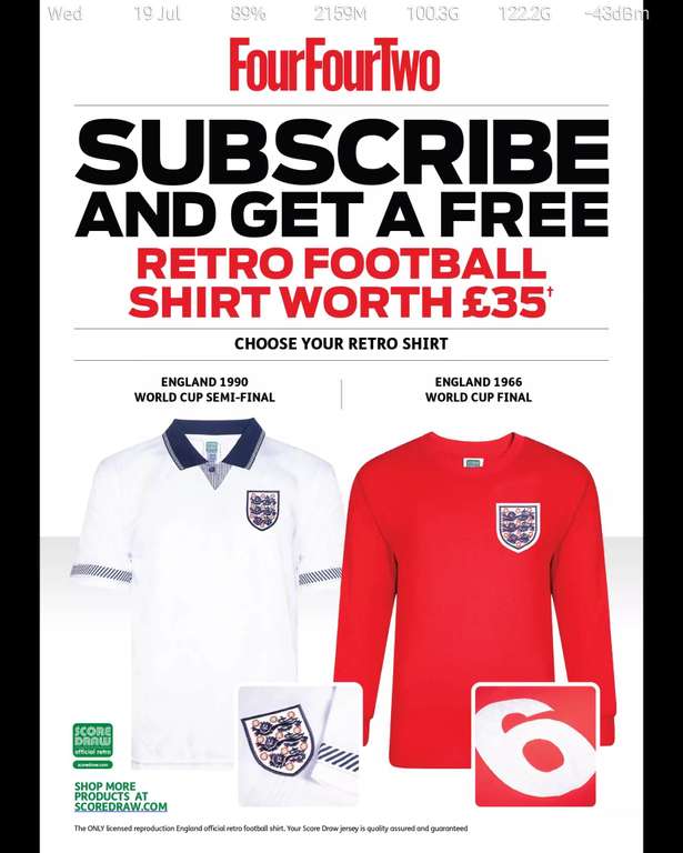 Subscribe to Four Four Two Print Magazine & Get a Retro England World Cup shirt
