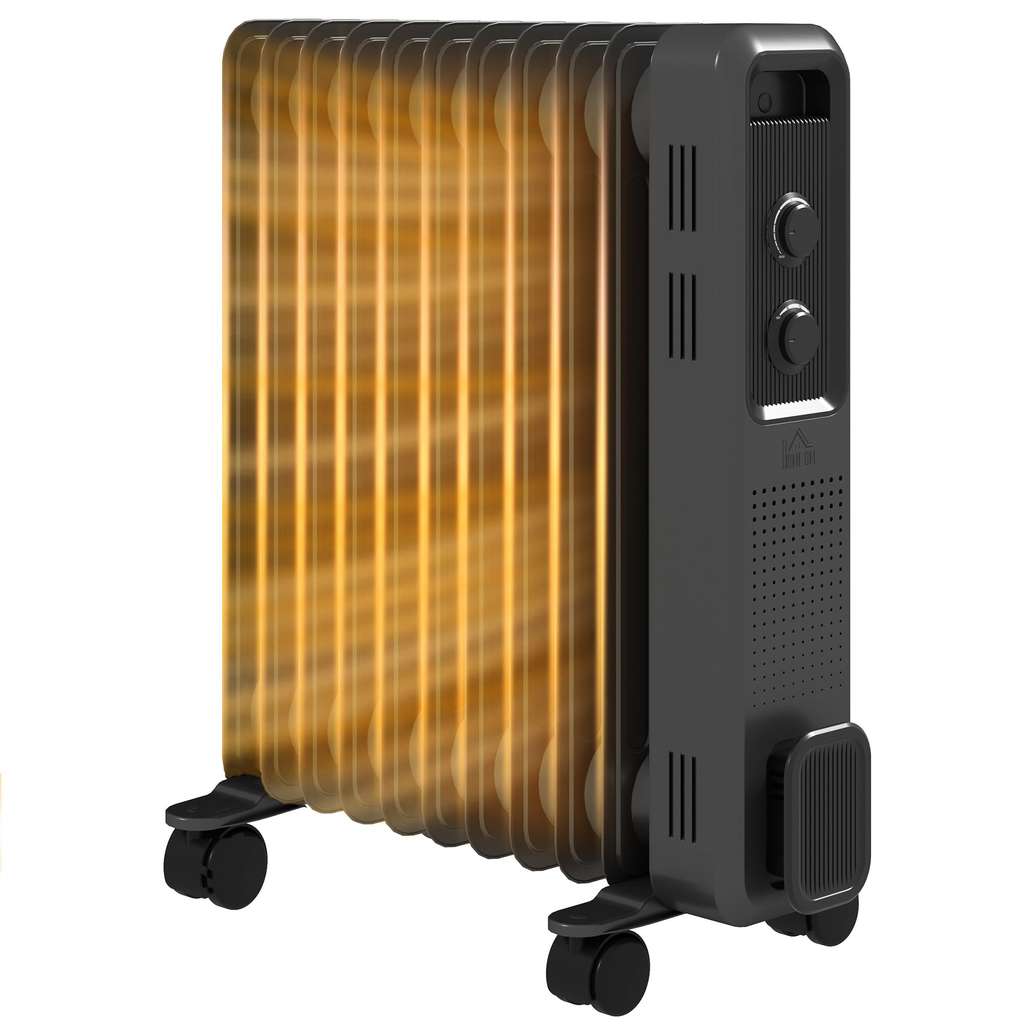 Portable Electrical Radiator HOMCOM 2500W Oil Filled Radiator 11 Fin Portable Electric Heater Grey ...
