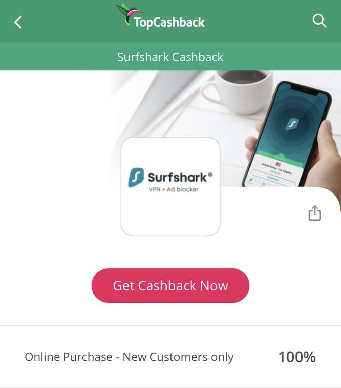 Surfshark VPN (24 Months) - 100% Cashback (ex VAT) via TopCashBack