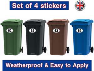 Wheelie Bin House Number Stickers x4 - Numbers - White - Super Sticky, Sold By Decalheads Ltd