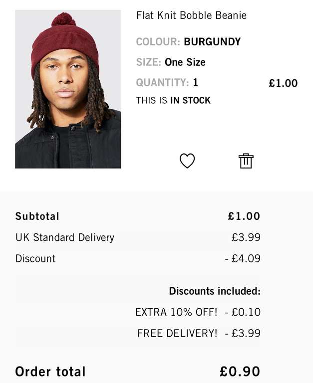 Flat Knit Bobble Beanie - 90p + Free Delivery With Codes (In Description) @ BoohooMAN