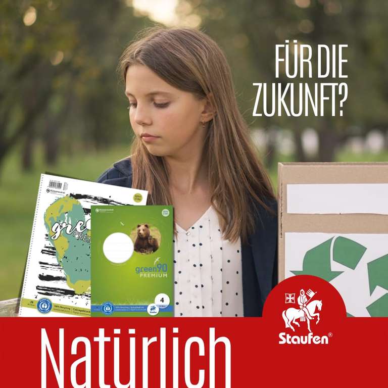 Staufen Green exercise book, DIN A5, type 28 ruling (5 mm squared with margins), 10 notebooks, 16 sheets each, 90 g/m² recycled paper