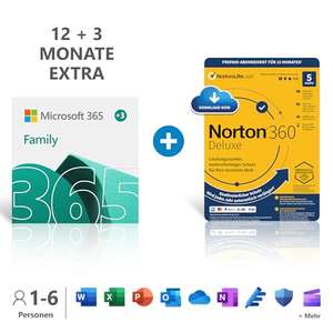 Microsoft 365 Family 12+3 Months | 6 Users | PCs/Macs, Tablets/Mobiles | Download Code + NORTON 360 Del | 5 Devices |15 Months Auto Renewal|