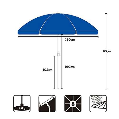 Sekey 1.6m Beach Umbrella with Umbrella Cover, Stable Parasol with Eight Ribs for Balcony, Garden & Patio Sold by Uking Online FBA