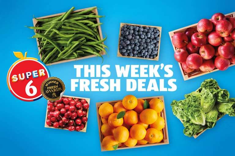 Aldi Super 6: Carrots 29p, British Radish 39p, Red Onions 69p, Mushrooms 89p, Conference Pears £1.09 and Chillies 39p