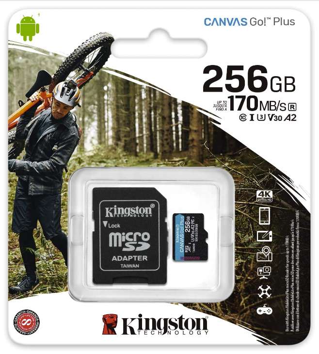 Kingston SDCG3/256GB microSDXC Canvas Go! Plus, 170/90 MBps read/write U3 V30 A2 4K-recording, with SD-adapter - £18.42 @ Amazon