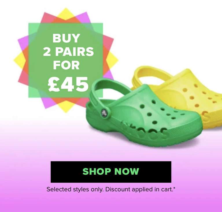 Buy 2 pairs of Crocs for £45 incl. Baya Clog and Kids' Clog @ Crocs
