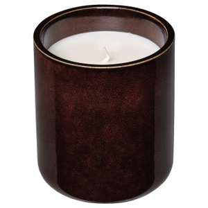 KOPPARLÖNN Scented candle in ceramic jar, almond & cherry/brown-red, 45 hr - Free Click and Collect