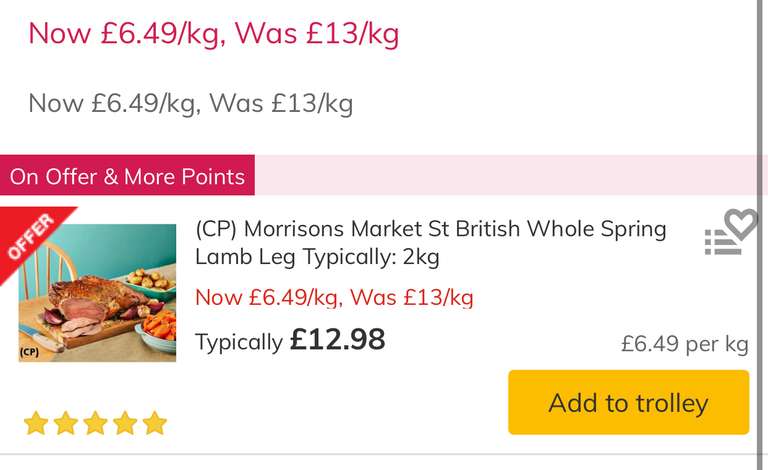 Morrisons Market St British Whole Spring Lamb Leg - £6.49 per KG / Typically 2kg at £12.98