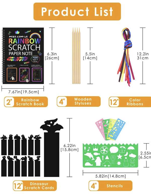 Kids A4 Rainbow Scratch Book with Dinosaur Bookmarks, Stencils, Wooden Stylus and Colorful Ribbons Sold by BROTOU-EU FBA - Prime Exclusive