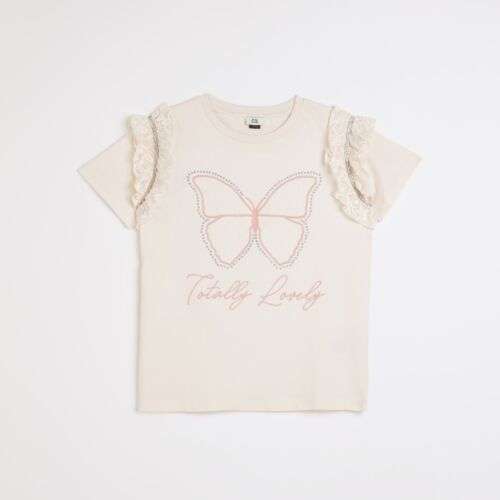 River Island Girls T-Shirt Pink Lace Sleeve Crew Neck Butterfly Cotton Tee Top ages 9-12 sold by River Island