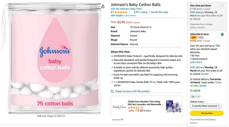 Johnson's Baby Cotton Balls (95p/85p with Subscribe & Save)