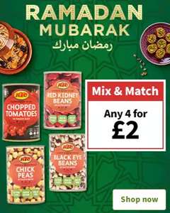 4 for £2 KTC Chick Peas/Kala Chana/Chopped & Whole Tomatoes/White & Red Kidney Beans/Rosecoco/Black Eyed/Butter Beans 400g