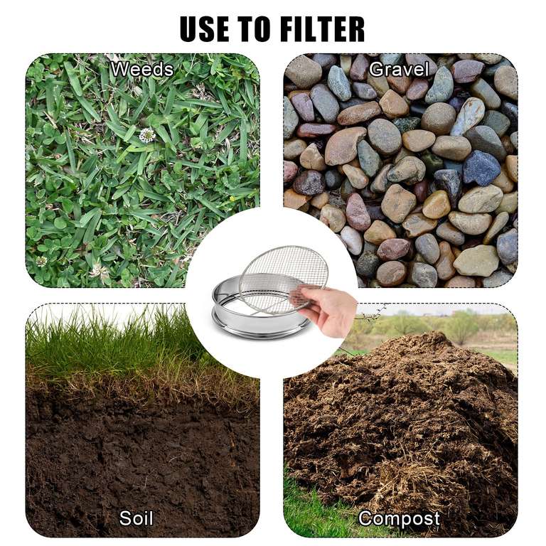 Stainless Steel Garden Soil Sifter - 7.9" Sifting Pan With 4 Interchangeable Mesh Sizes (3/6/9/12mm) For Gardening & Composting