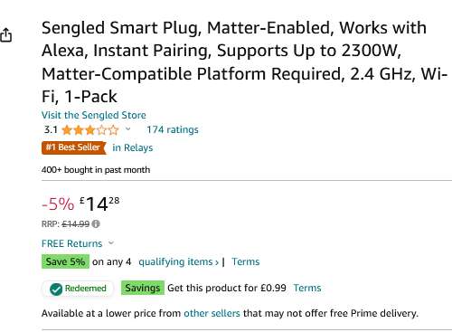 Sengled Smart Plug, Matter-Enabled, Works with Alexa, Instant Pairing, Supports Up to 2300W - 99p Selected Accounts