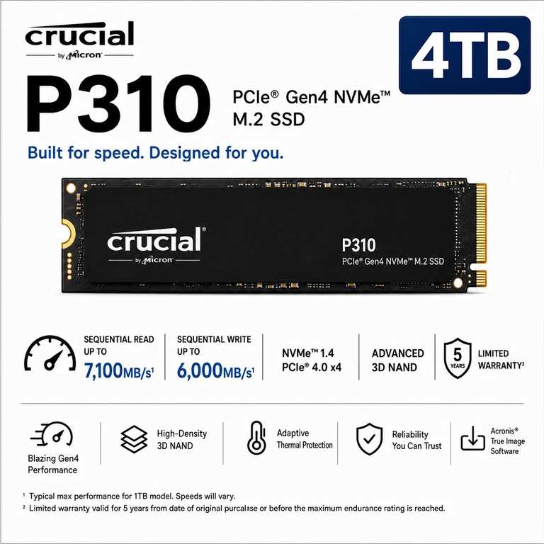 4TB Crucial P310 SSD M.2 2280 NVMe PCIe Gen4, Up to 7100MB/s Opened – never used with code at PC-Lape (UK mainland)