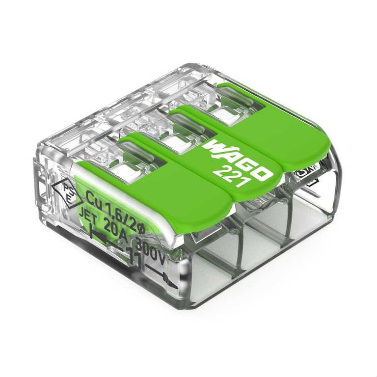 WAGO Green Range Terminal Block 3-Wire, to 4 mm², Splicing Connectors 3-Pole with Lever for All Conductor Types Pluggable, 221-423, 12 pcs