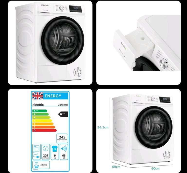 electriQ 9kg Freestanding Heat Pump Tumble Dryer - White eiQTDHPFS9 - With Code - Sold by buyitdirectdiscounts