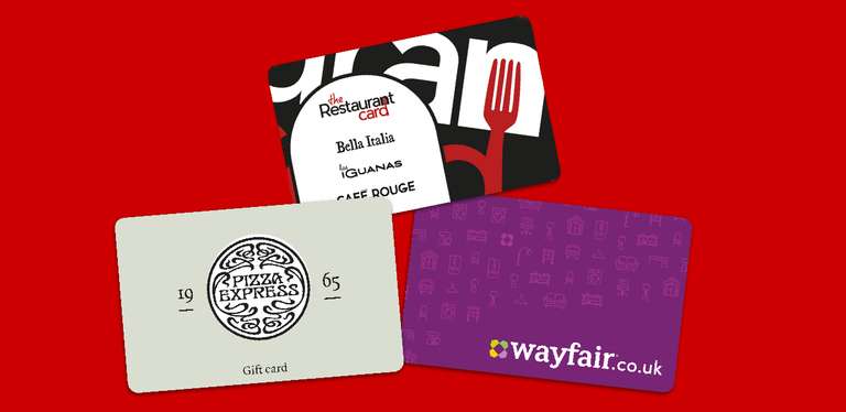 Tesco 20% off gift cards Wayfair, Pizza Express & The Restaurant Card Online @ Tesco Gift Cards