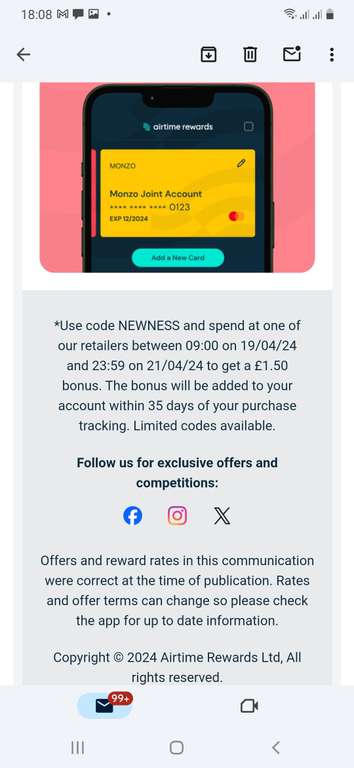 Airtime Rewards £1.50 Bonus with spend (selected accounts)