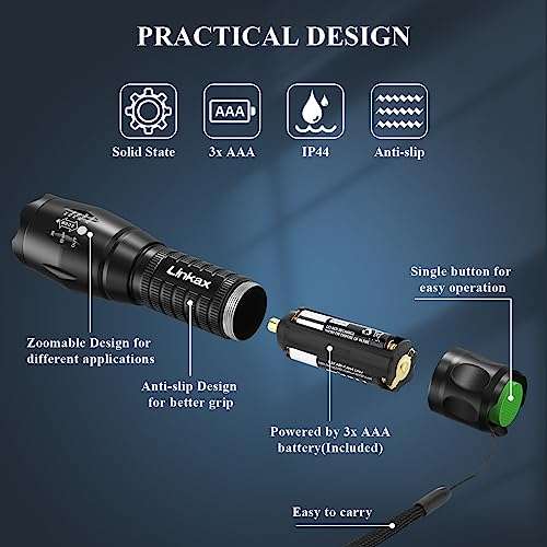2 X Linkax LED Torch Battery Powered, Super Bright 800 Lumen Tactical Torch, Hand Flashlight Adjustable Focus £4.93 each (Min order of 2)