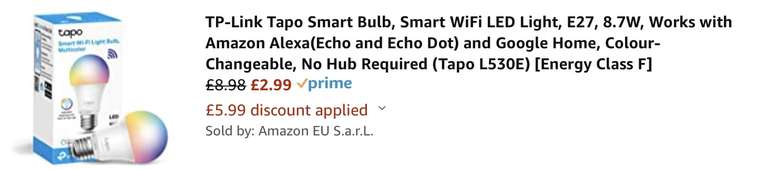 TP-Link Tapo L530E Smart Bulb WiFi LED E27 8.7W Works with Amazon Alexa - £2.99 (Account Specific w/Voucher) @ Amazon