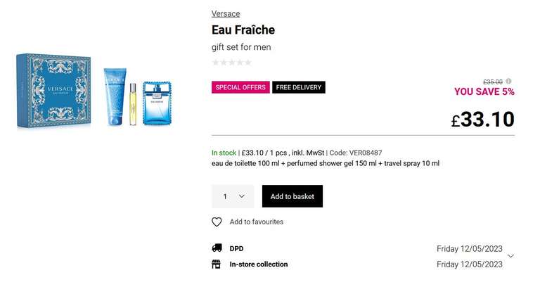 Versace Eau Fraîche gift set for men (EDT 100ml + perfumed shower gel 150ml + travel spray 10ml) - £33.10 + Free Delivery @ Notino