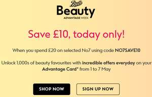Save £10 when you spend £20 on selected No7 with code - Online only, Advantage Card Req (Possible stacks with other offers E.G 3 for 2)