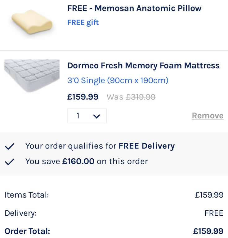Dormeo Fresh Single Memory Foam Mattress £159.99 @ Dormeo