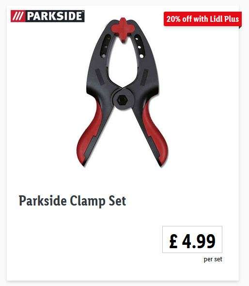 Parkside Clamp Set £4.99 per Set + 20% off with Lidl Plus App @ Lidl