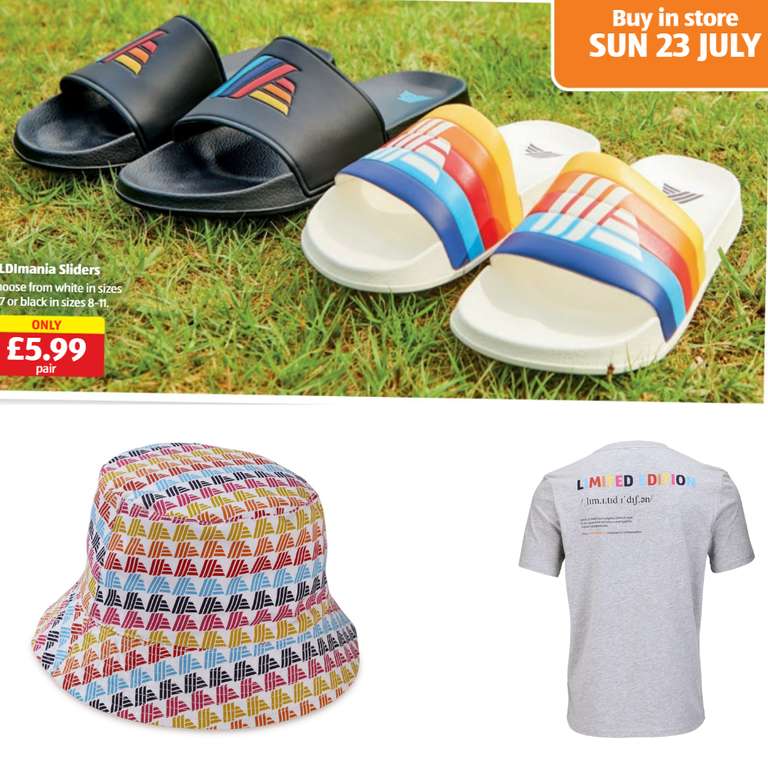 Aldimania Sliders £5.99 / T-shirts £6.99 / Bucket Hats £4.99
