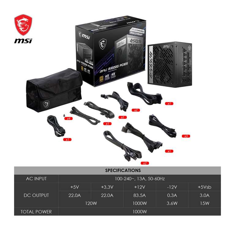 MSI MPG A1000G PCIE5 Fully Modular Power Supply Unit 1000W 80+ Gold Rated and 10 Year Warranty