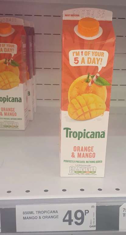 Tropicana Orange & Mango 850ml 49p @ Farmfoods Mitcham
