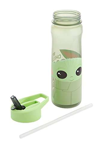 Mandalorian Water Bottle with Straw – Reusable Kids 600ml PP in Grey & Green – Official Merchandise