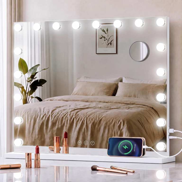 Songmics 44 x 50 x 5.7 cm Vanity Mirror with with Adjustable LED Lights & USB Charging Ports