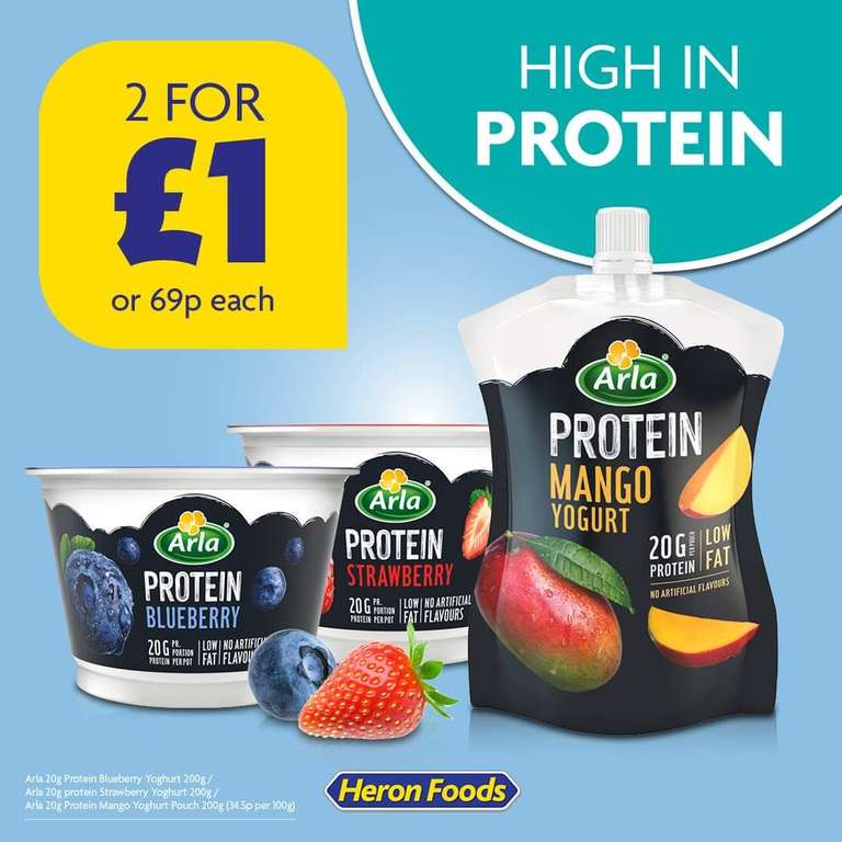 2 For £1 - Arla 20g Protein Yoghurts Strawberry/Mango/Blueberry 200g Pots/Pouches