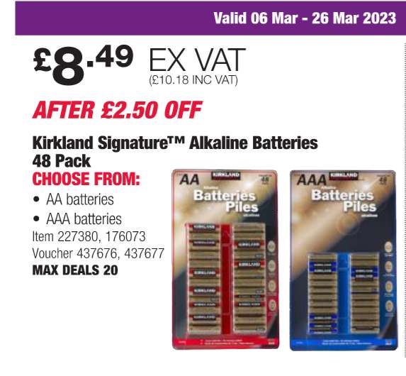 Kirkland Signature Alkaline AA & AAABatteries - 48 Pack £10.18 instore @ Costco