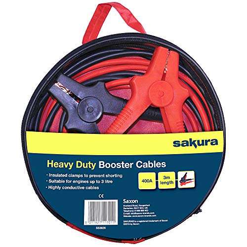 Sakura Heavy Duty Booster Cables Jump Start Leads - 400 Amp 3mtr Colour Coded Clamp - For Cars Up To 3.0L , flat battery