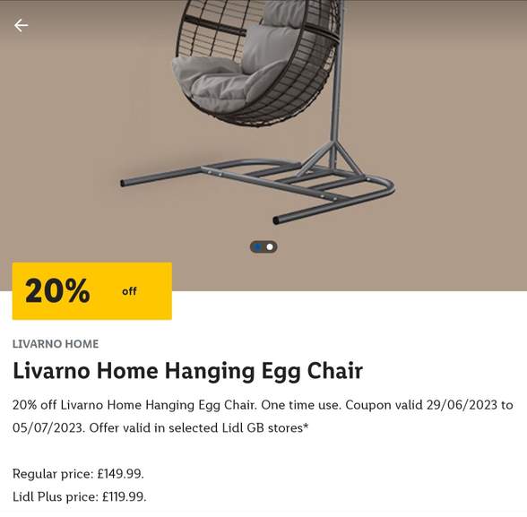 Livarno Home Hanging Egg Chair £119 for select Lidl Plus App Members With  Voucher @ Lidl